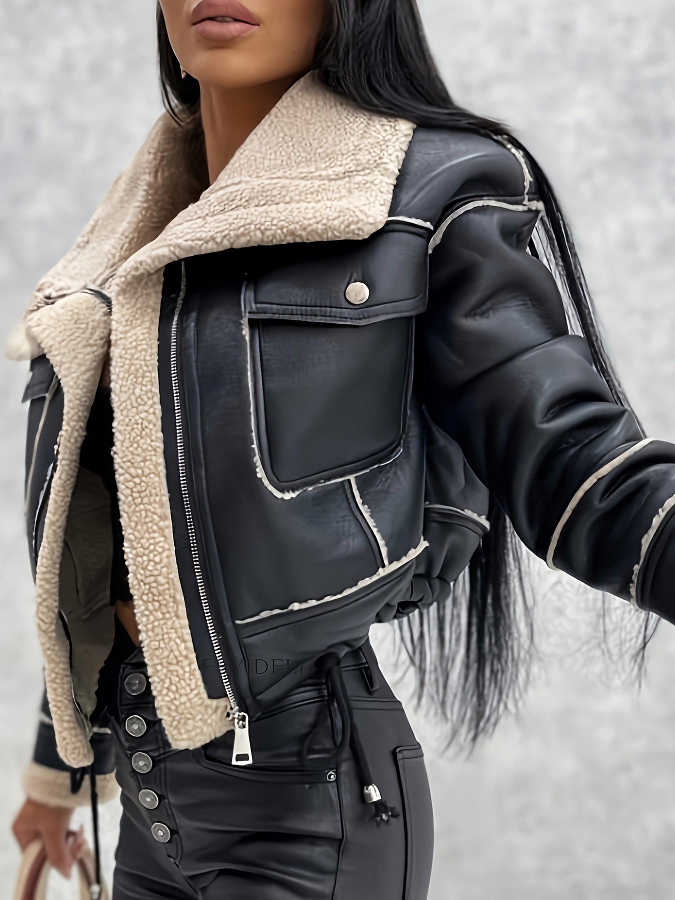 Blouson Biker pour Femme avec Fausse Fourrure