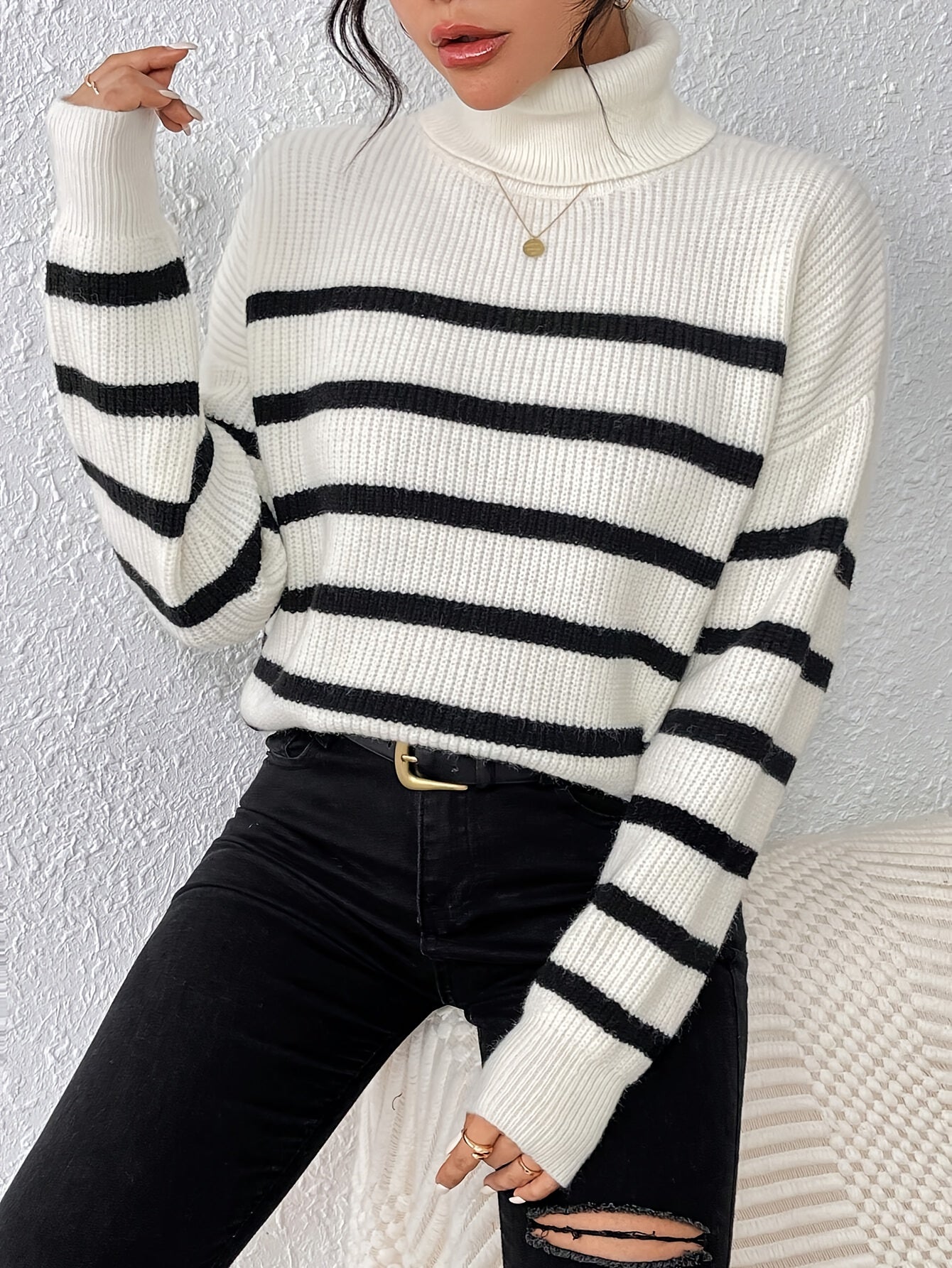 Pull Col Roulé Rayé pour Femme