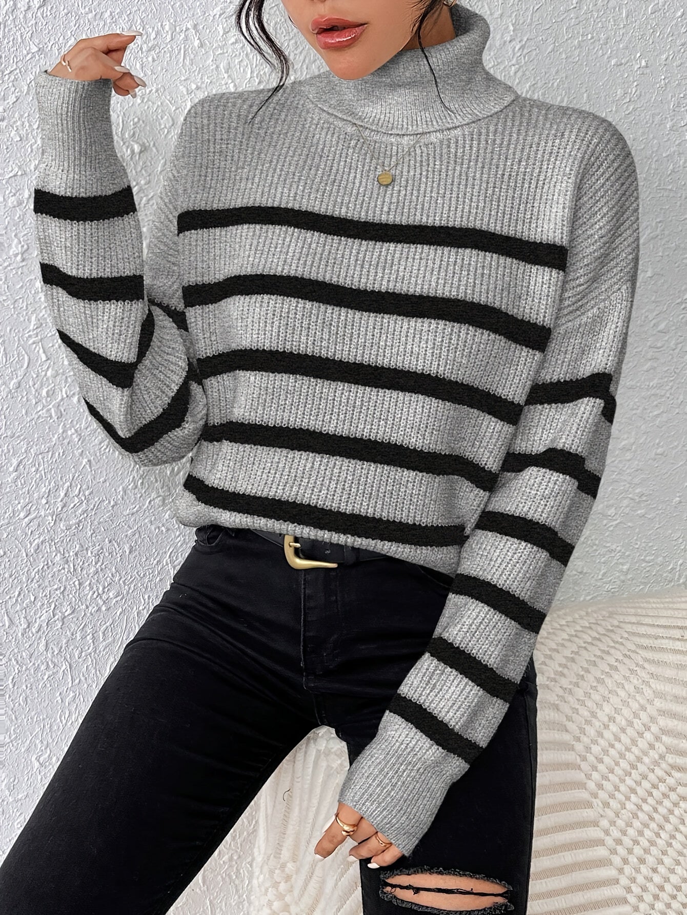 Pull Col Roulé Rayé pour Femme