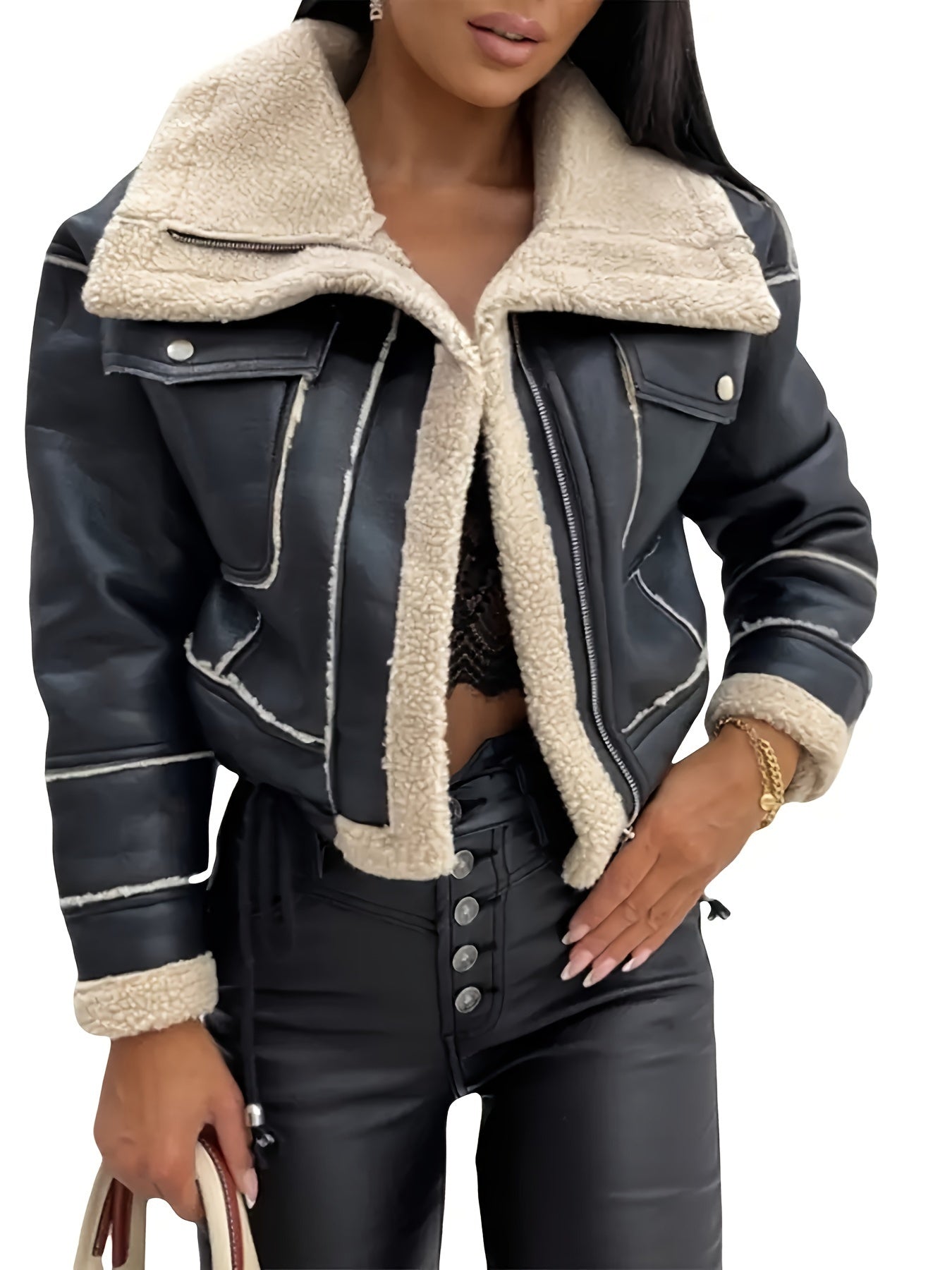 Blouson Biker pour Femme avec Fausse Fourrure