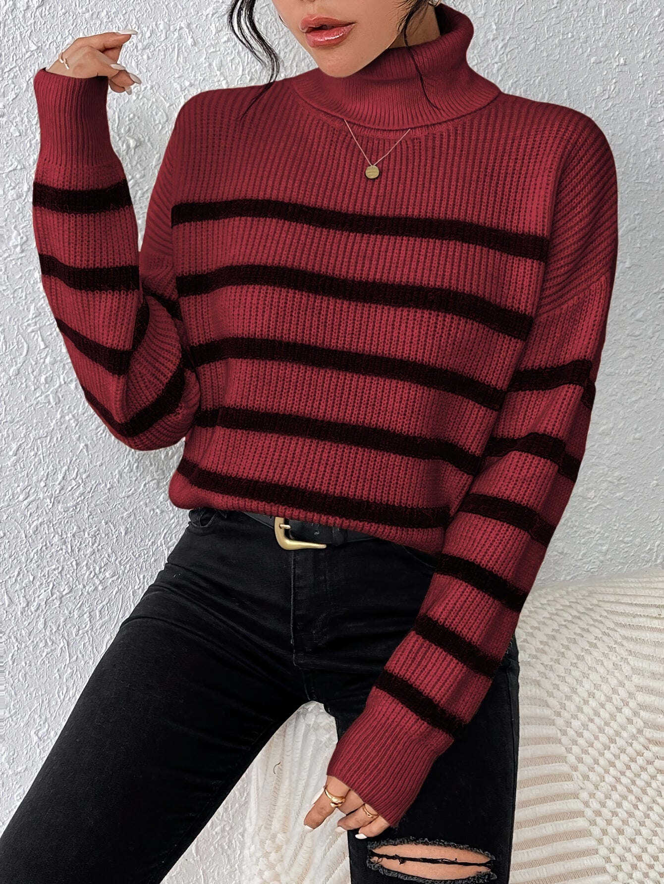 Pull Col Roulé Rayé pour Femme