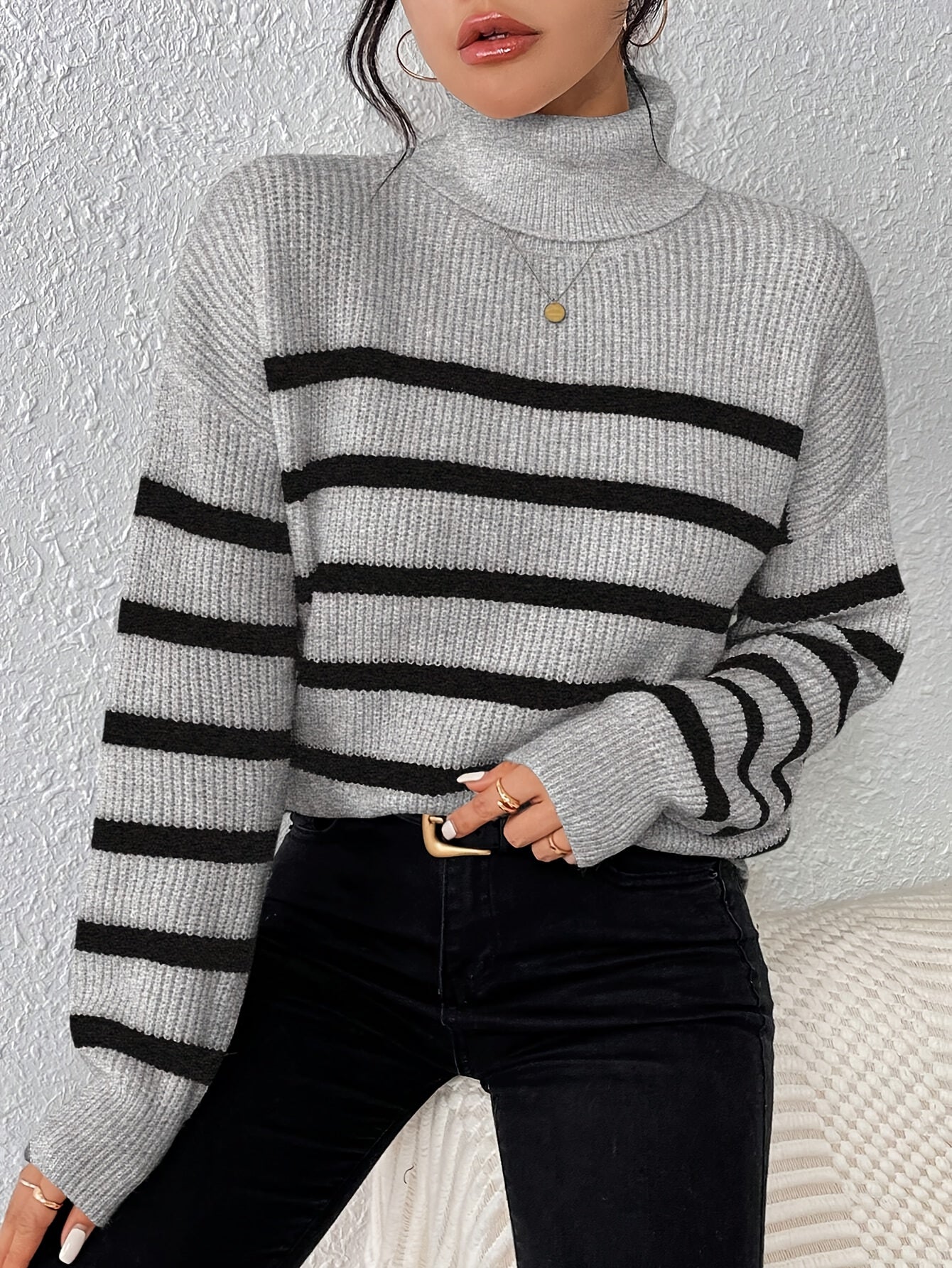 Pull Col Roulé Rayé pour Femme